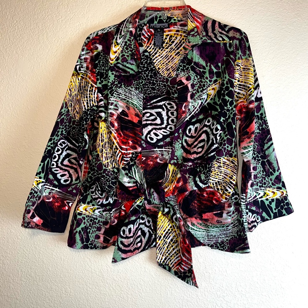 Mishka Women’s Multicolor Tie Waist Open Front Collared Blouse Sz PL